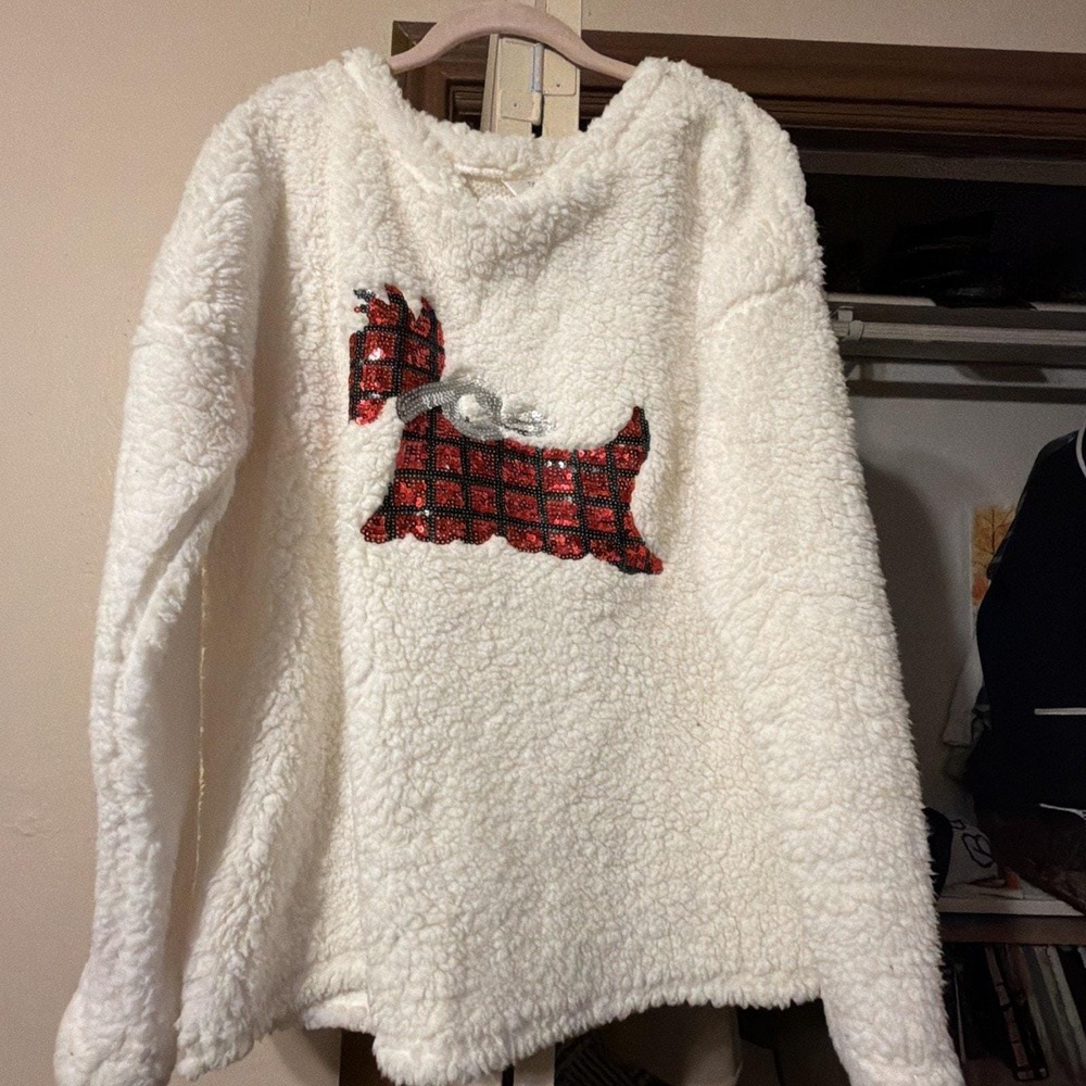 Scottie Dog Sweater Time And Tru‎ XL Ivory Sherpa Sequin Pullover Knit
